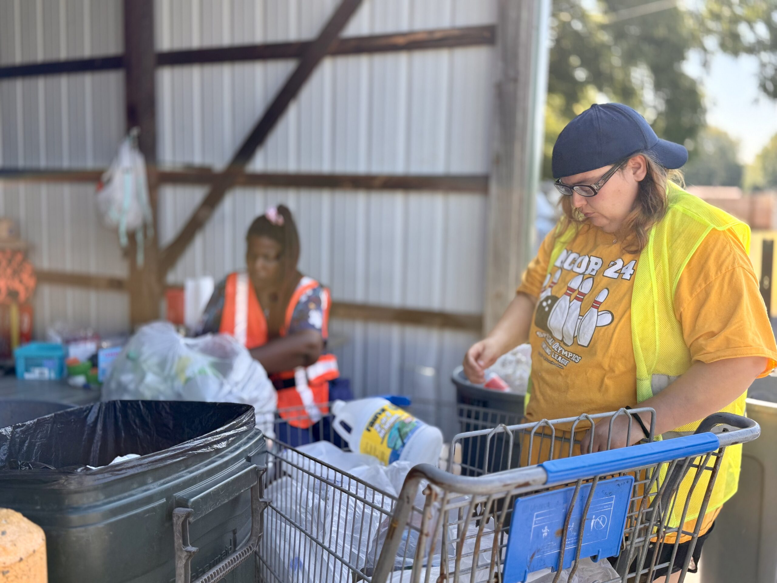 woman placing bags in a grocery cart